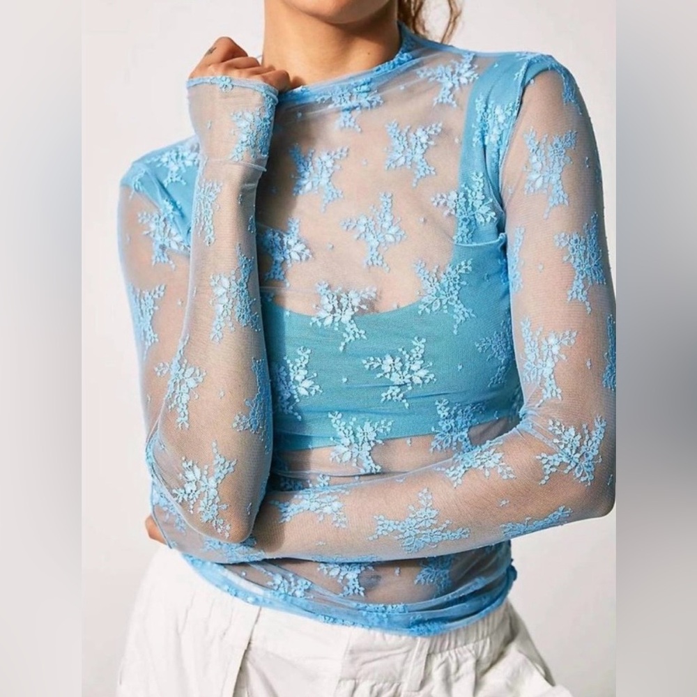 Free People Light Blue Sheer Lace Blouse